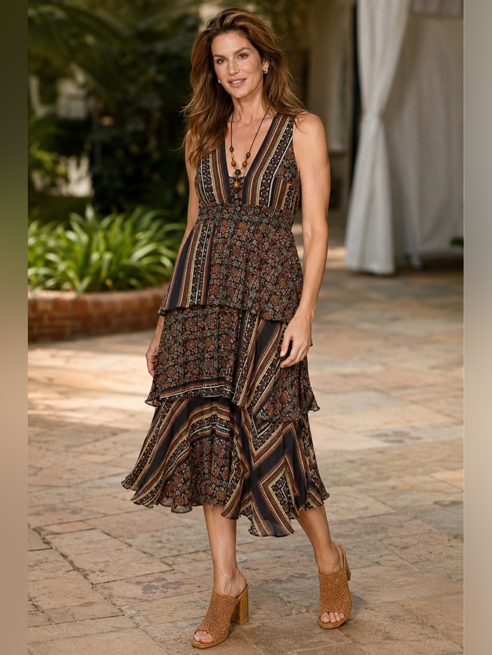 A.L.C. Hayley Scarf Print Silk Tiered Boho Midi Dress Size 4 Small